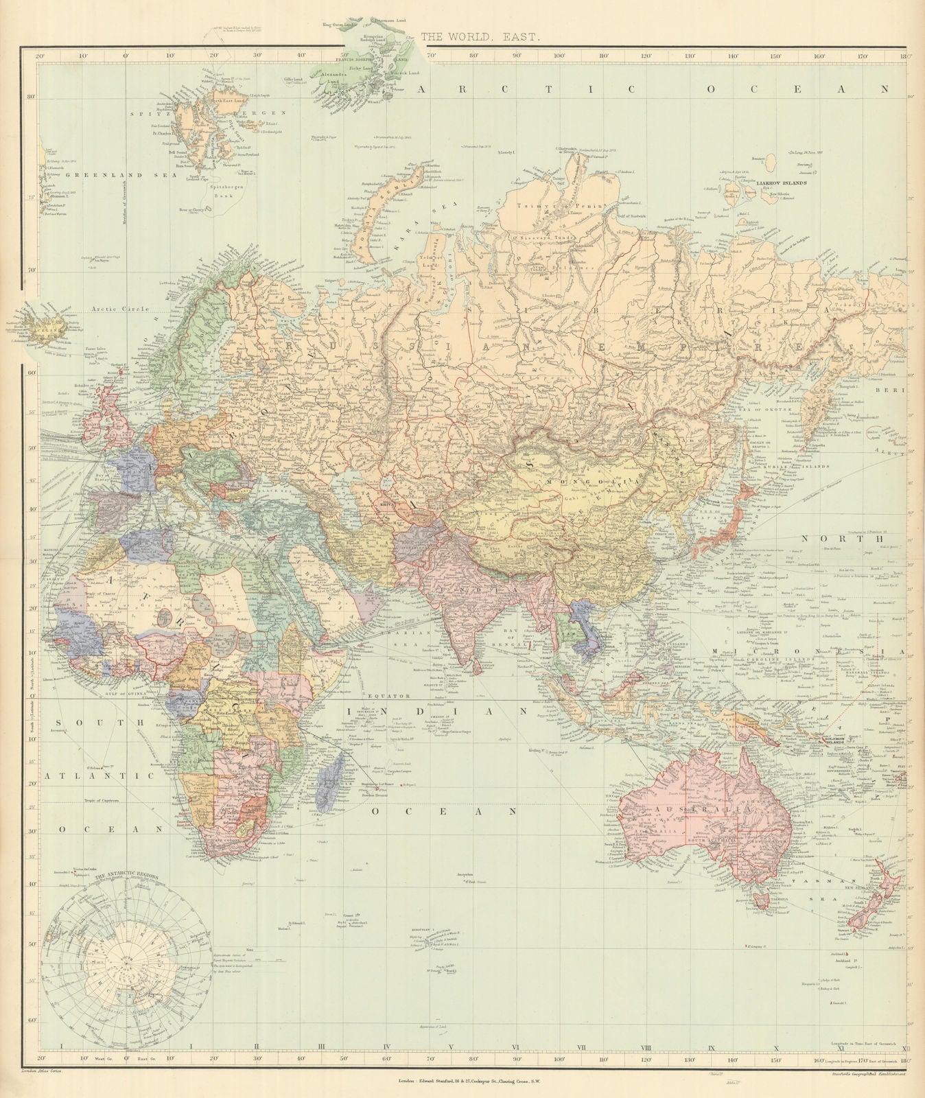 World on Mercator's Projection. East sheet. Europe Asia Africa STANFORD 1894 map